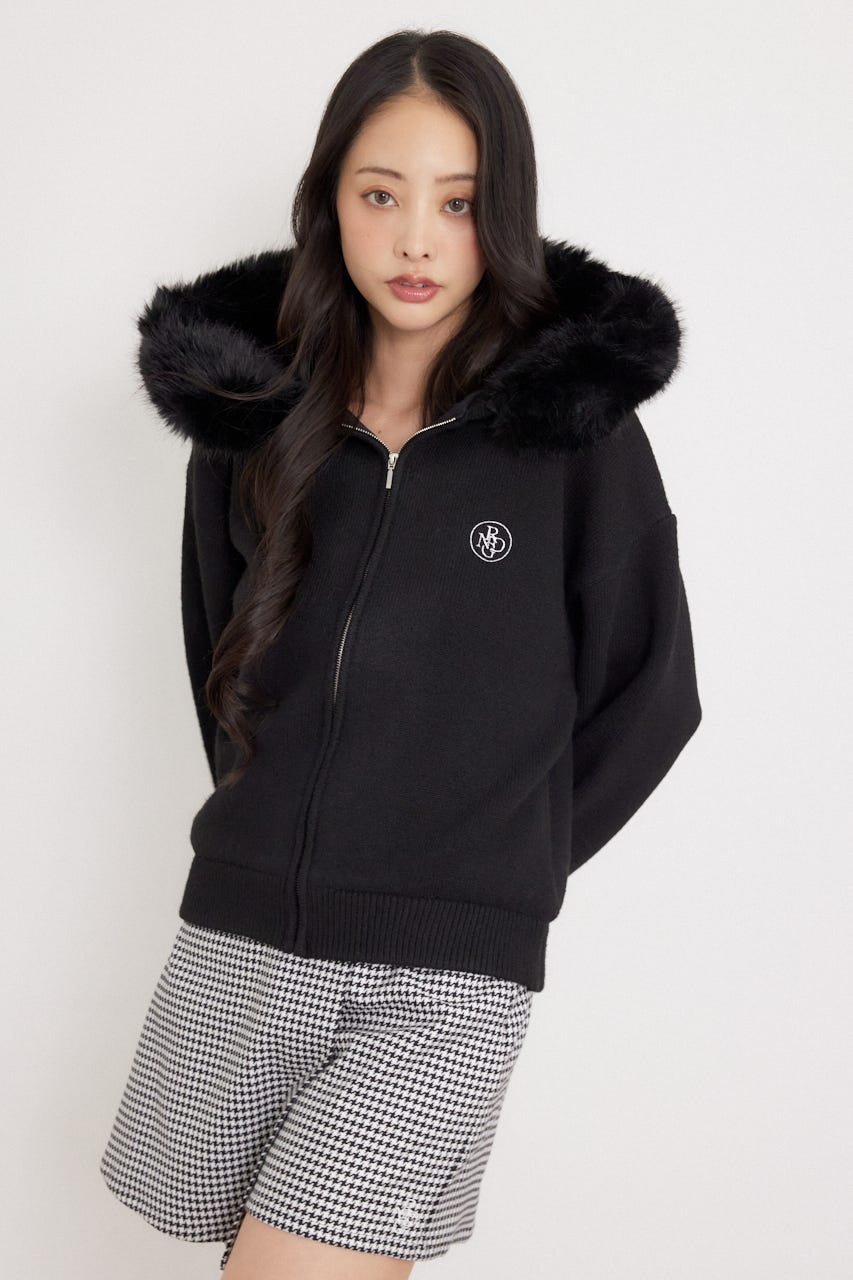 【一部店舗・WEB限定】【RIENDA GOLF】ファー付きニットパーカー BLK S