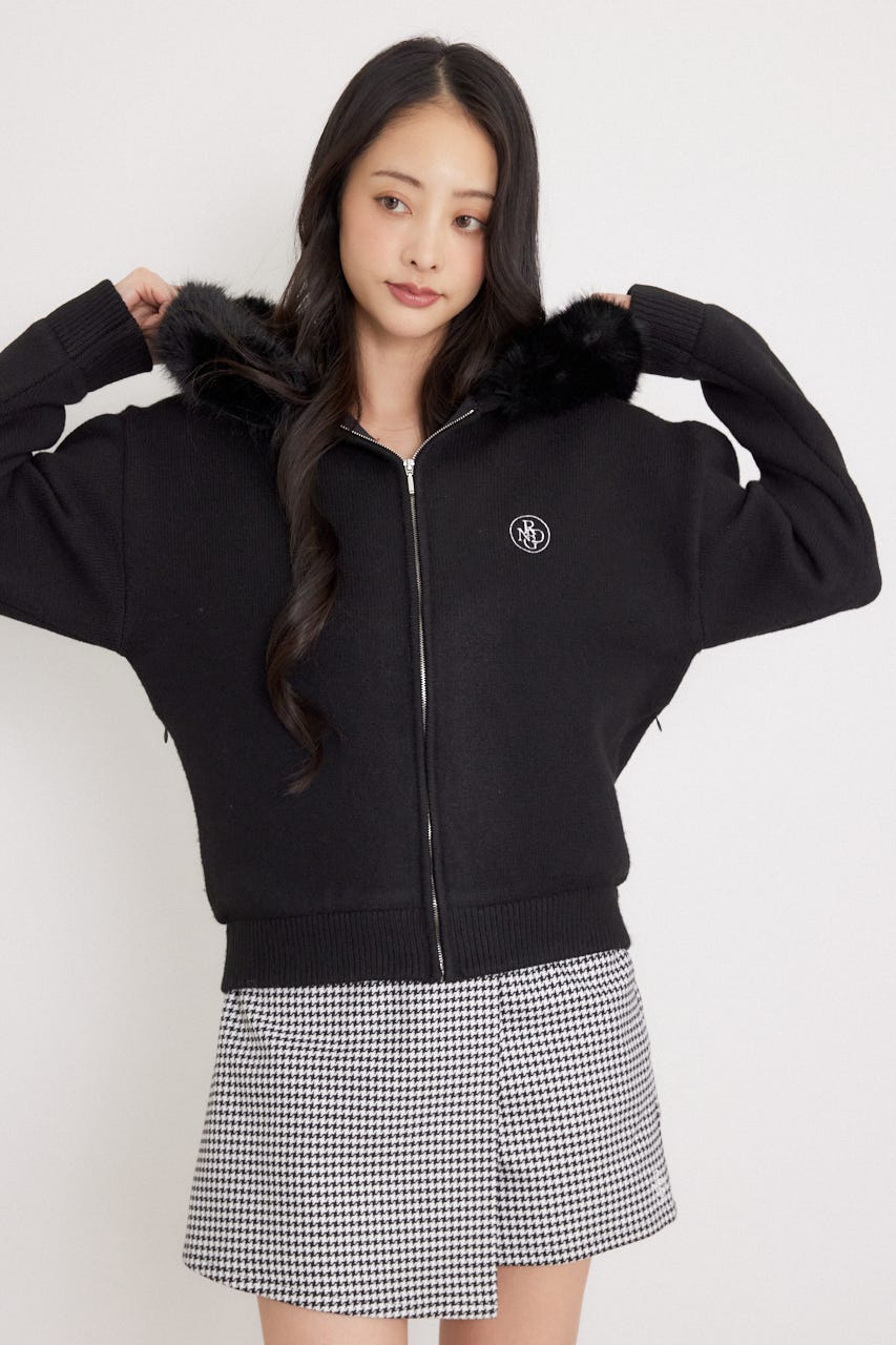 【一部店舗・WEB限定】【RIENDA GOLF】ファー付きニットパーカー BLK S
