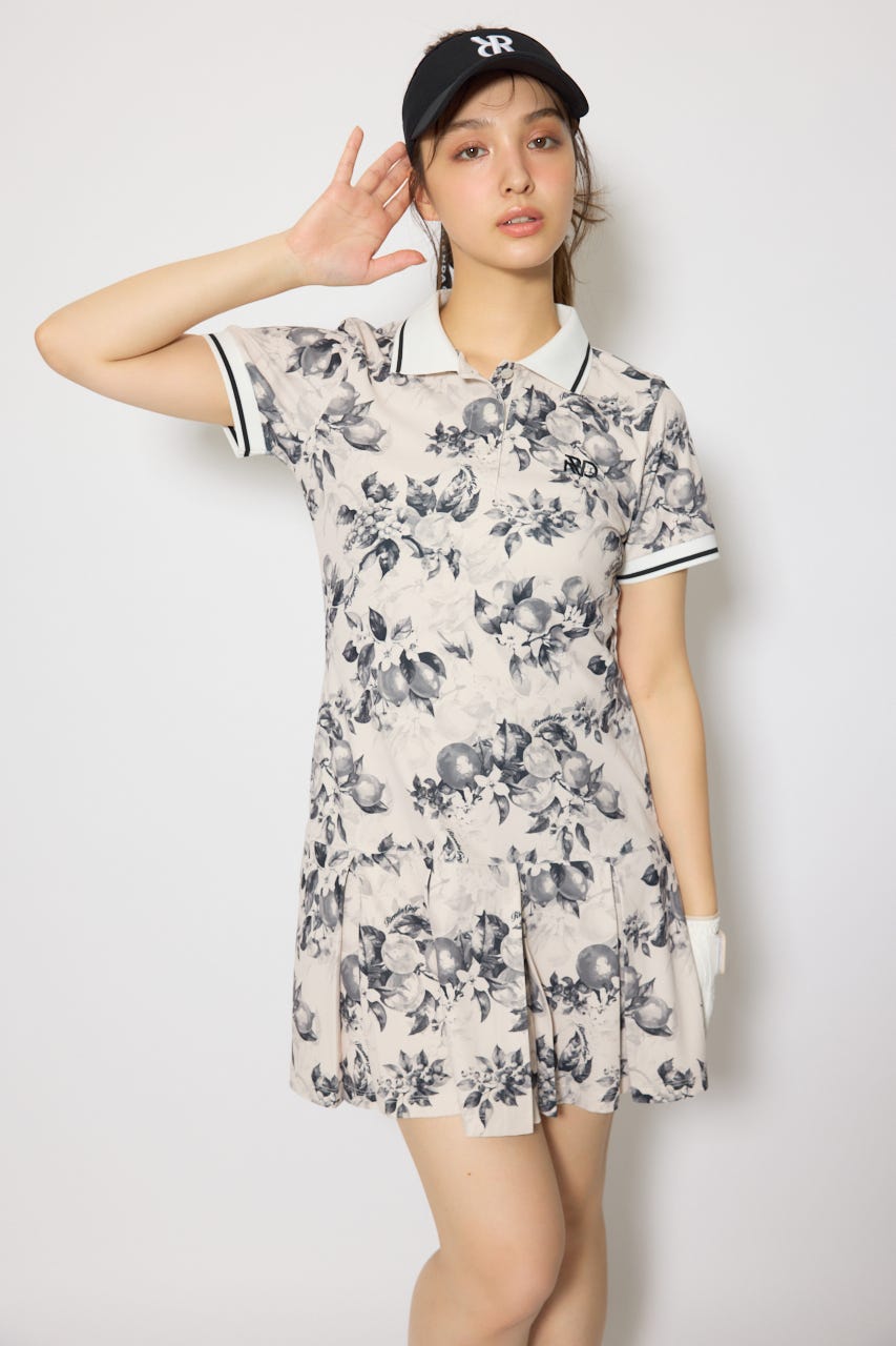 【一部店舗・WEB限定】【RIENDA GOLF】ローウエストプリーツポロワンピース 柄BLK S