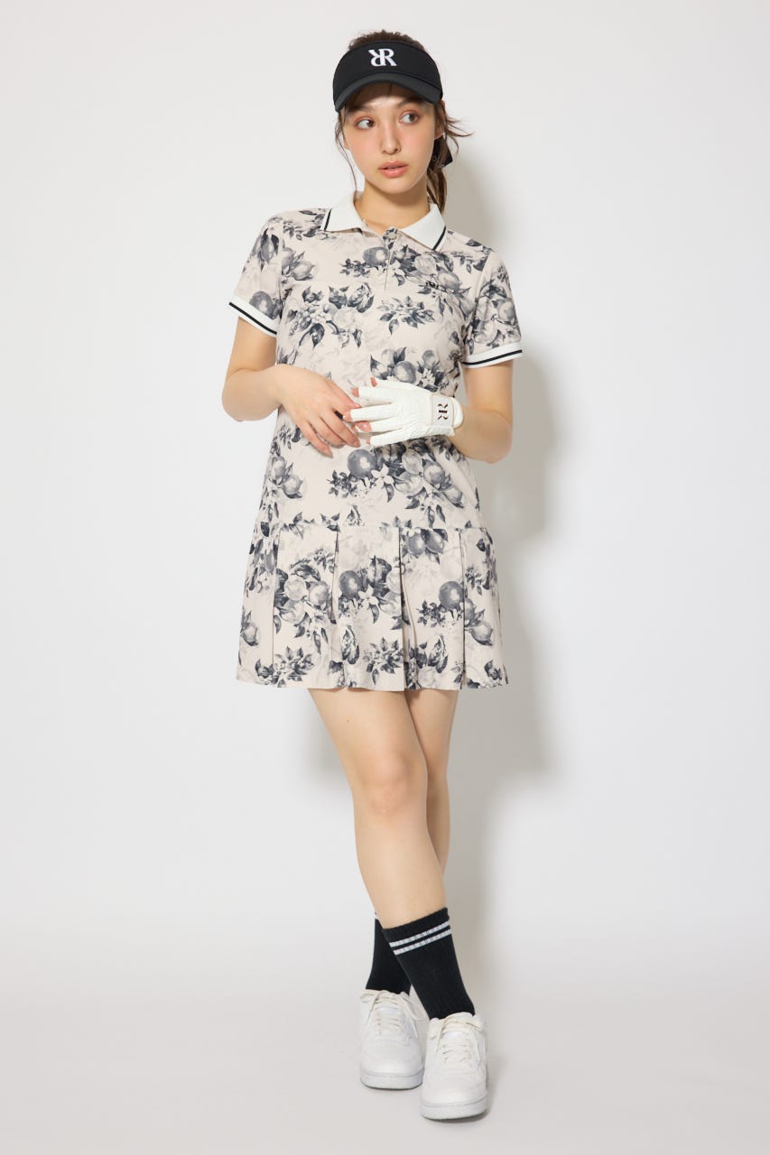 【一部店舗・WEB限定】【RIENDA GOLF】ローウエストプリーツポロワンピース 柄BLK S