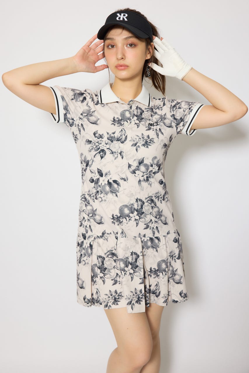 【一部店舗・WEB限定】【RIENDA GOLF】ローウエストプリーツポロワンピース 柄BLK S