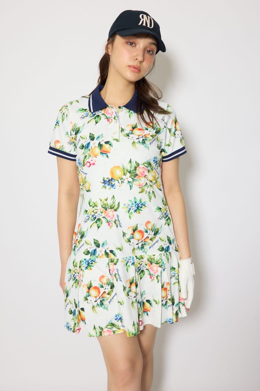 【一部店舗・WEB限定】【RIENDA GOLF】ローウエストプリーツポロワンピース 柄WHT S