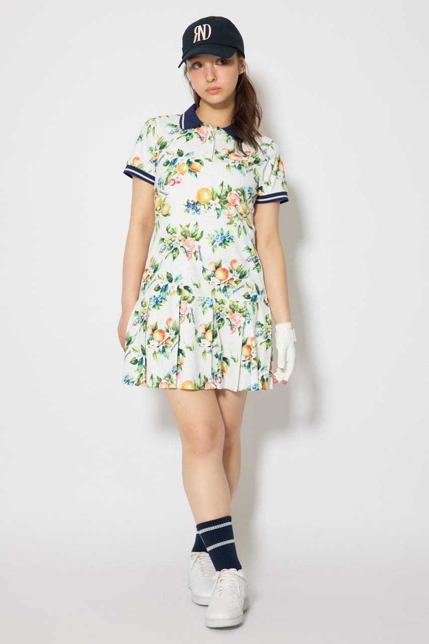 【一部店舗・WEB限定】【RIENDA GOLF】ローウエストプリーツポロワンピース 柄WHT S