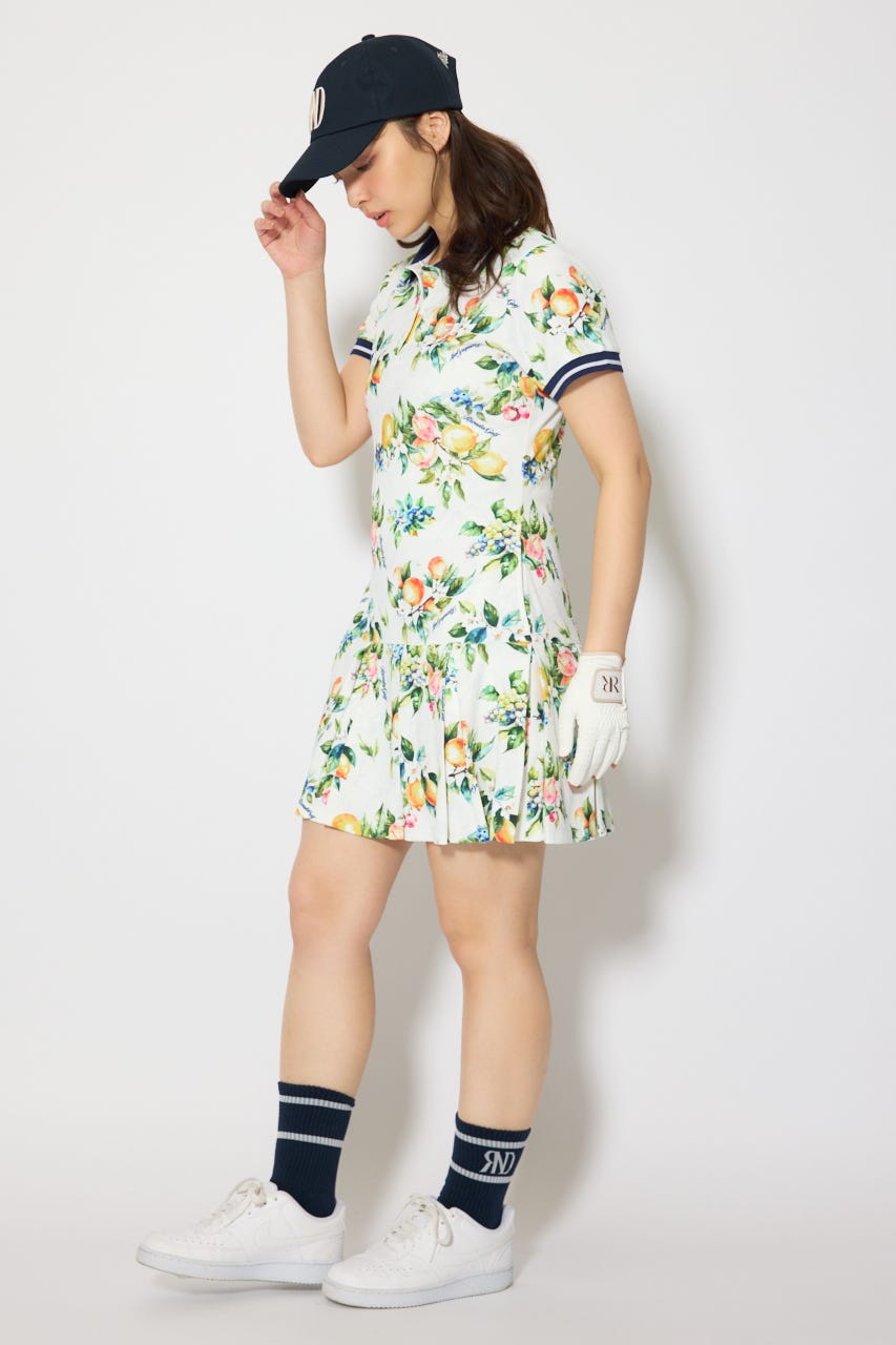 【一部店舗・WEB限定】【RIENDA GOLF】ローウエストプリーツポロワンピース 柄WHT S