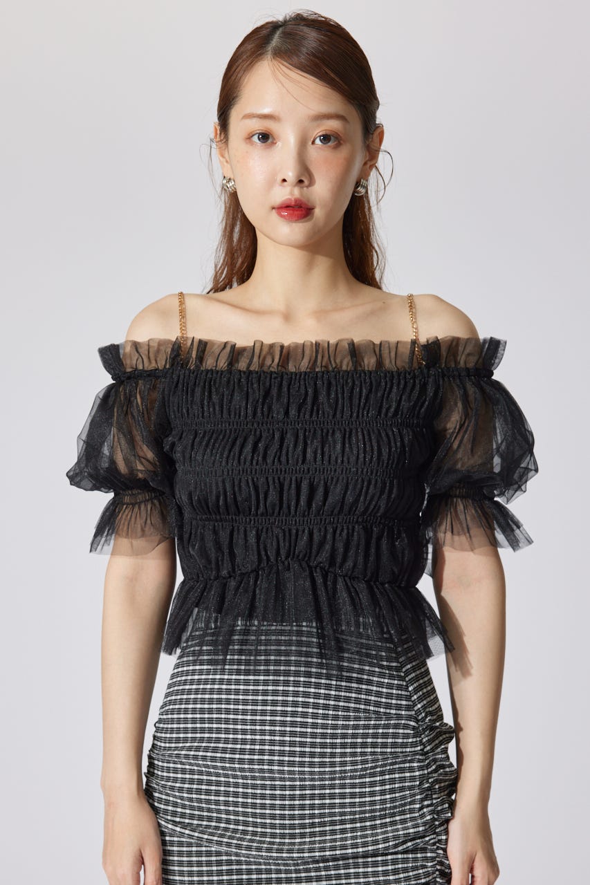 【AKB48 水島美結さん着用】シアーオフショルショートスリーブブラウス BLK FREE