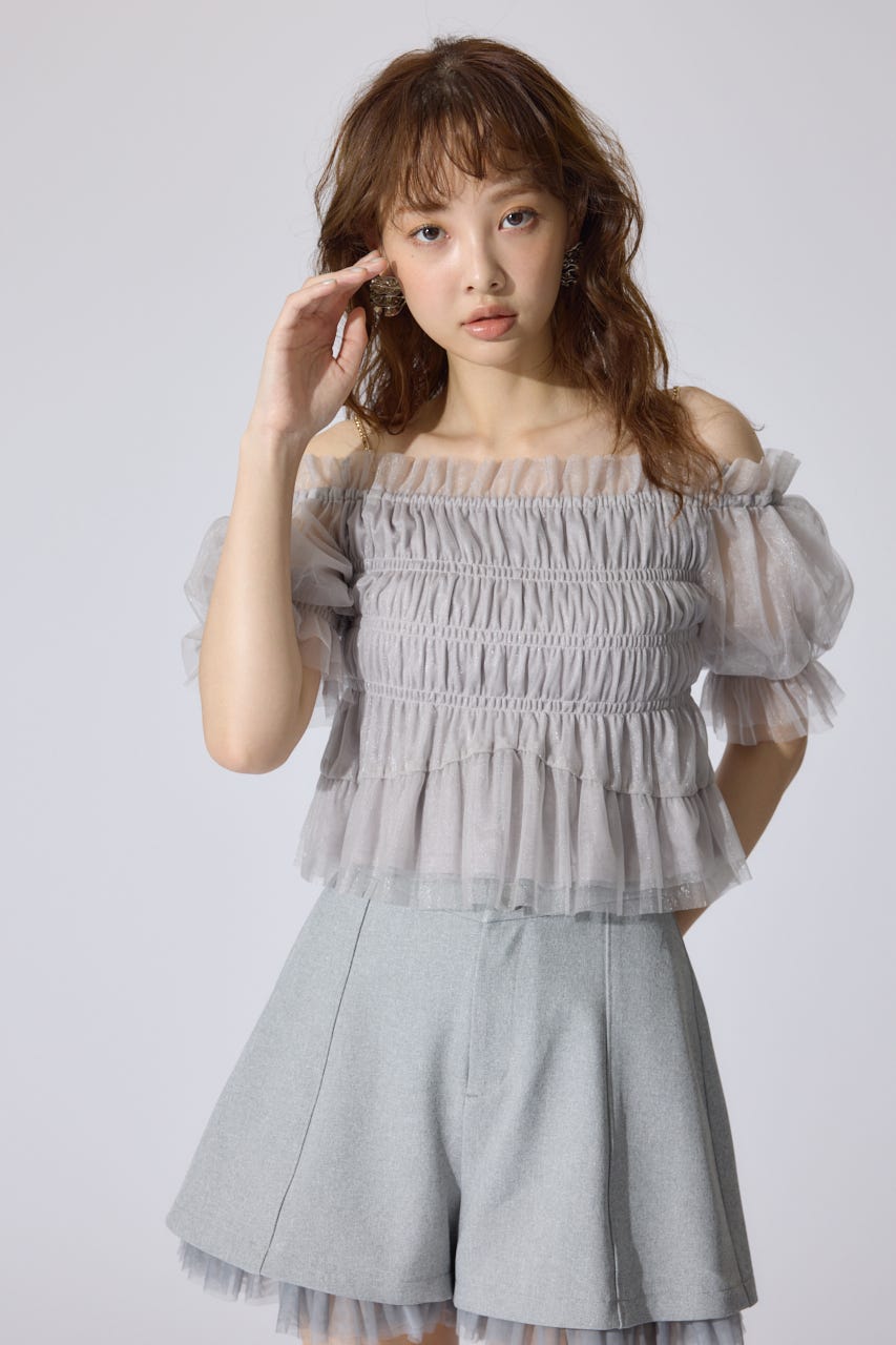 【AKB48 水島美結さん着用】シアーオフショルショートスリーブブラウス GRY FREE