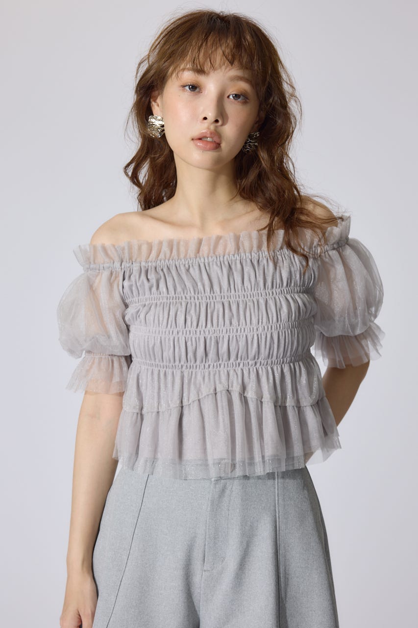 【AKB48 水島美結さん着用】シアーオフショルショートスリーブブラウス GRY FREE