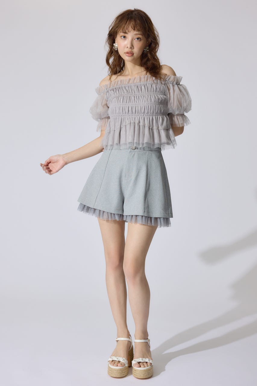 【AKB48 水島美結さん着用】シアーオフショルショートスリーブブラウス GRY FREE