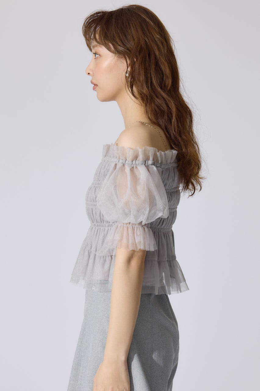 【AKB48 水島美結さん着用】シアーオフショルショートスリーブブラウス GRY FREE