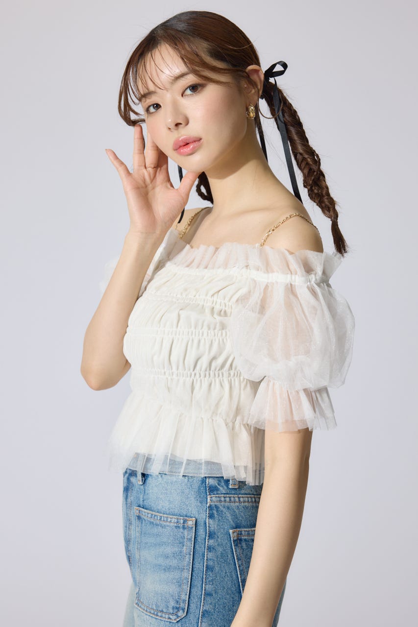 【AKB48 水島美結さん着用】シアーオフショルショートスリーブブラウス WHT FREE