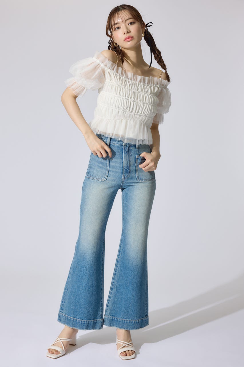 【AKB48 水島美結さん着用】シアーオフショルショートスリーブブラウス WHT FREE