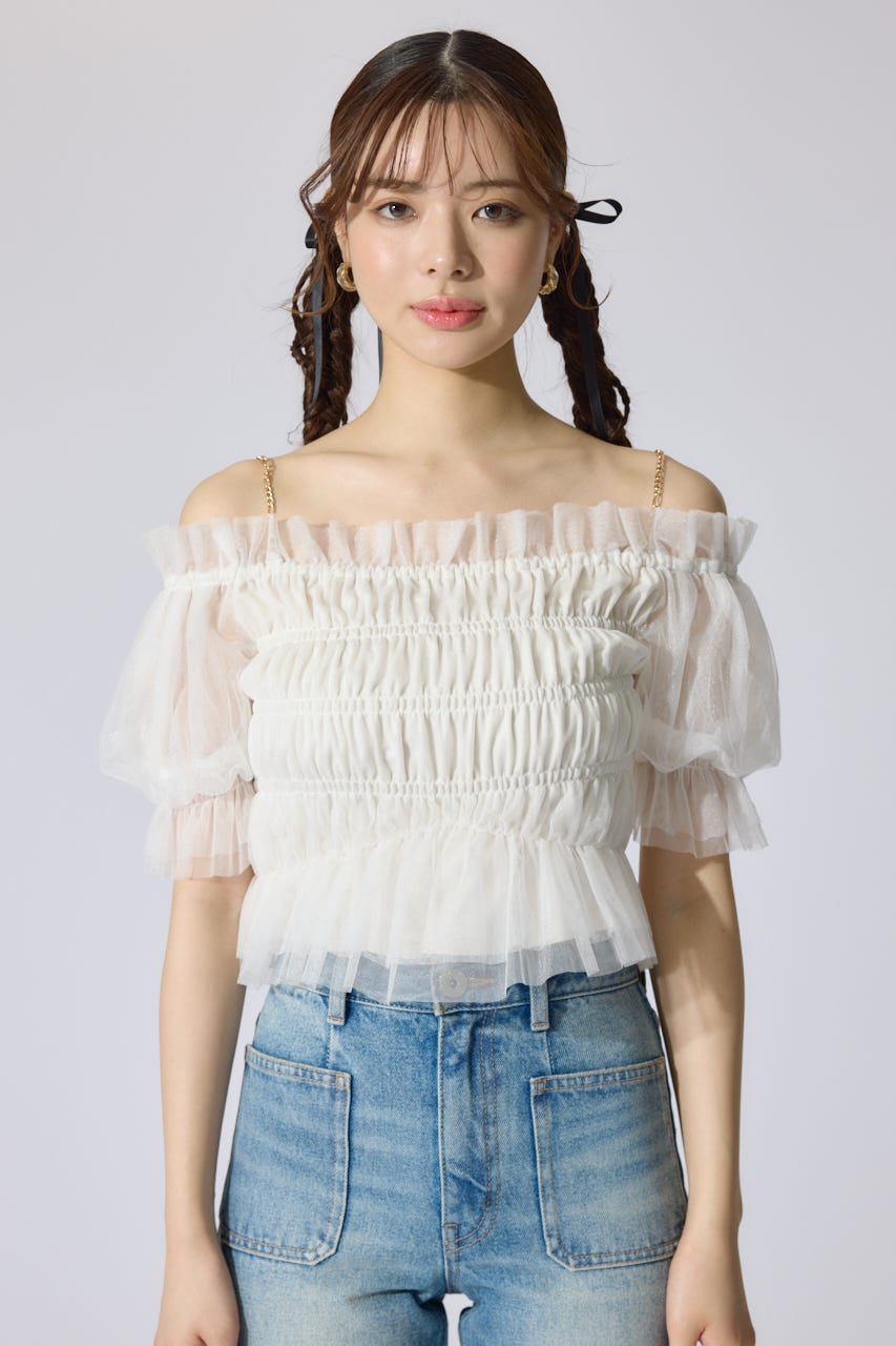 【AKB48 水島美結さん着用】シアーオフショルショートスリーブブラウス WHT FREE