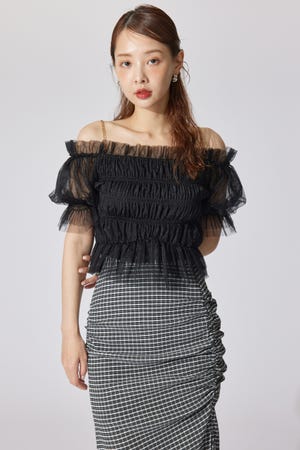 【AKB48 水島美結さん着用】シアーオフショルショートスリーブブラウス