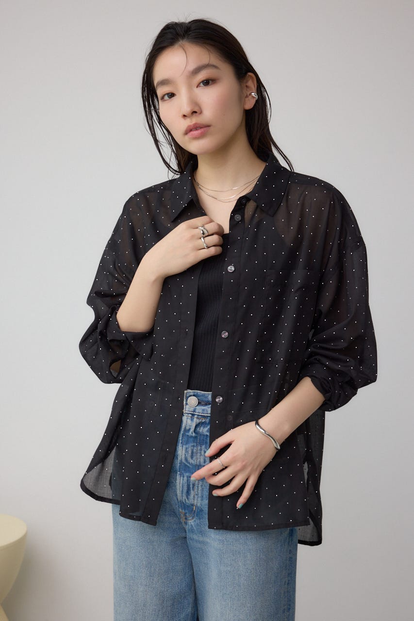 ラインストーンシャツ BLK M