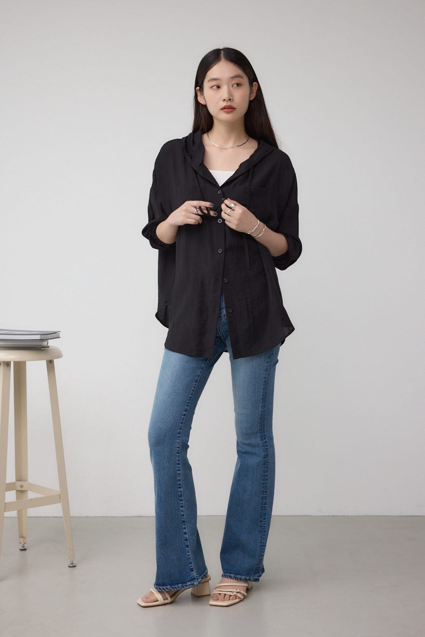 フード付きボタンシャツ BLK FREE