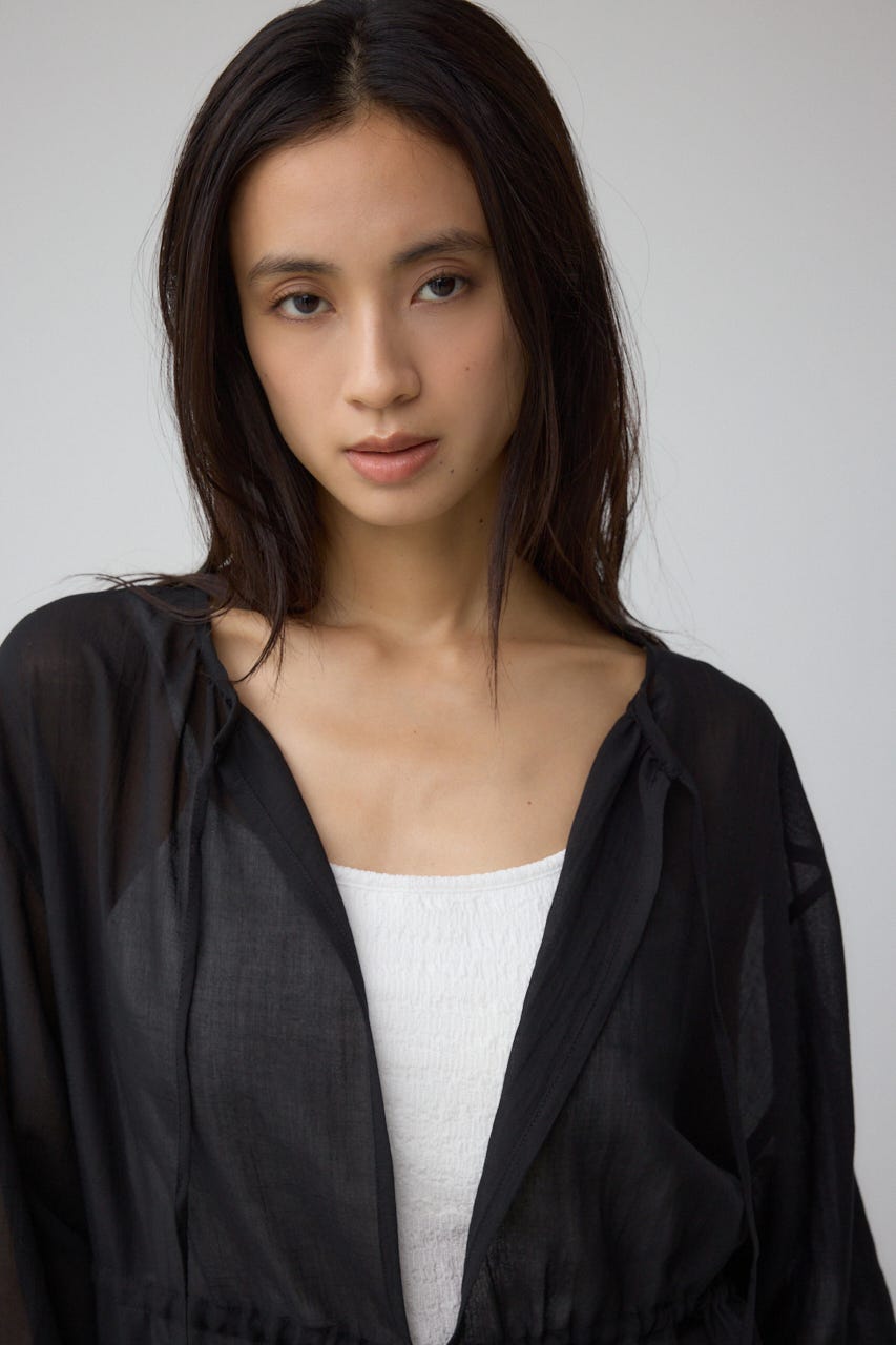 前後2WAY5分袖前リボンブラウス BLK FREE