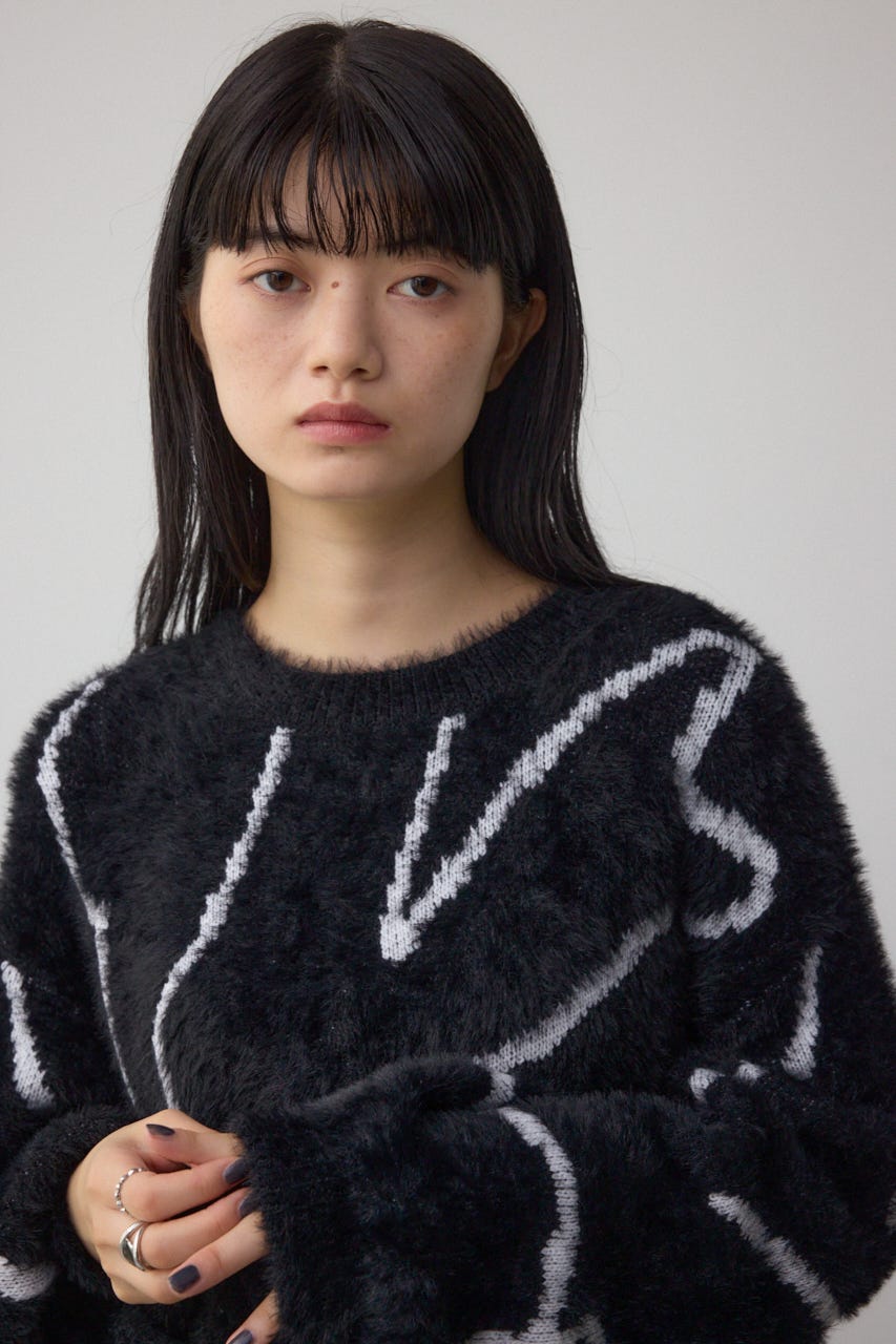 ニュアンス柄ニットトップス BLK FREE