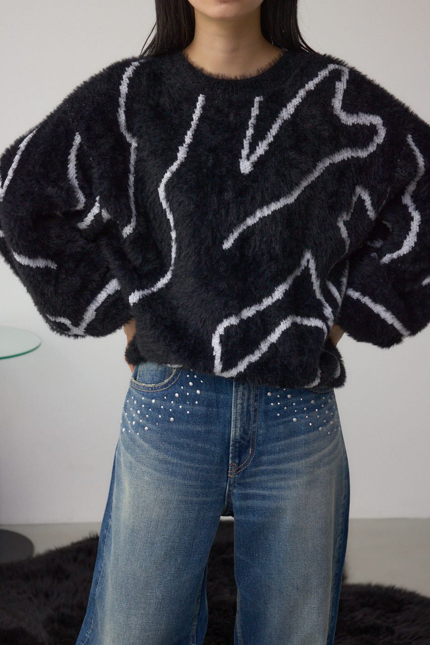 ニュアンス柄ニットトップス BLK FREE