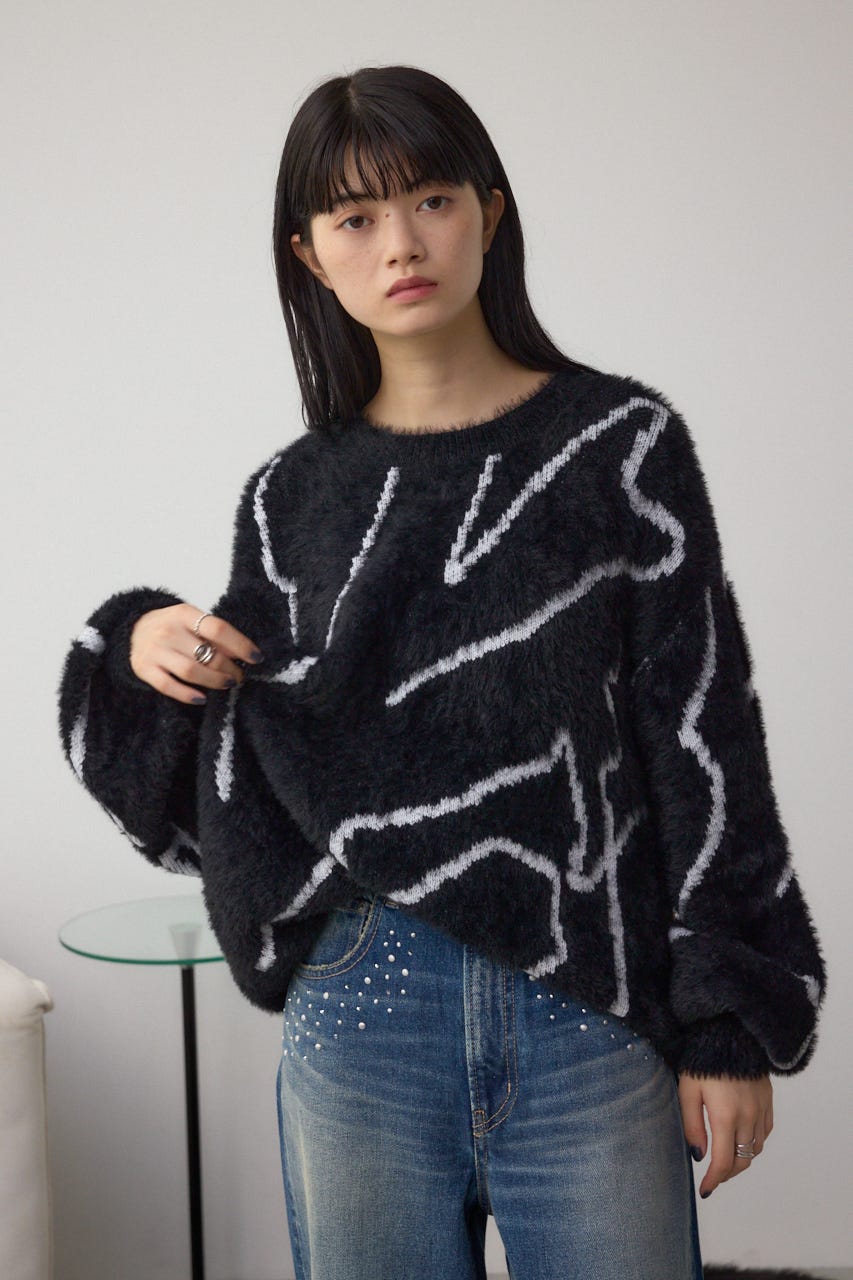 ニュアンス柄ニットトップス BLK FREE