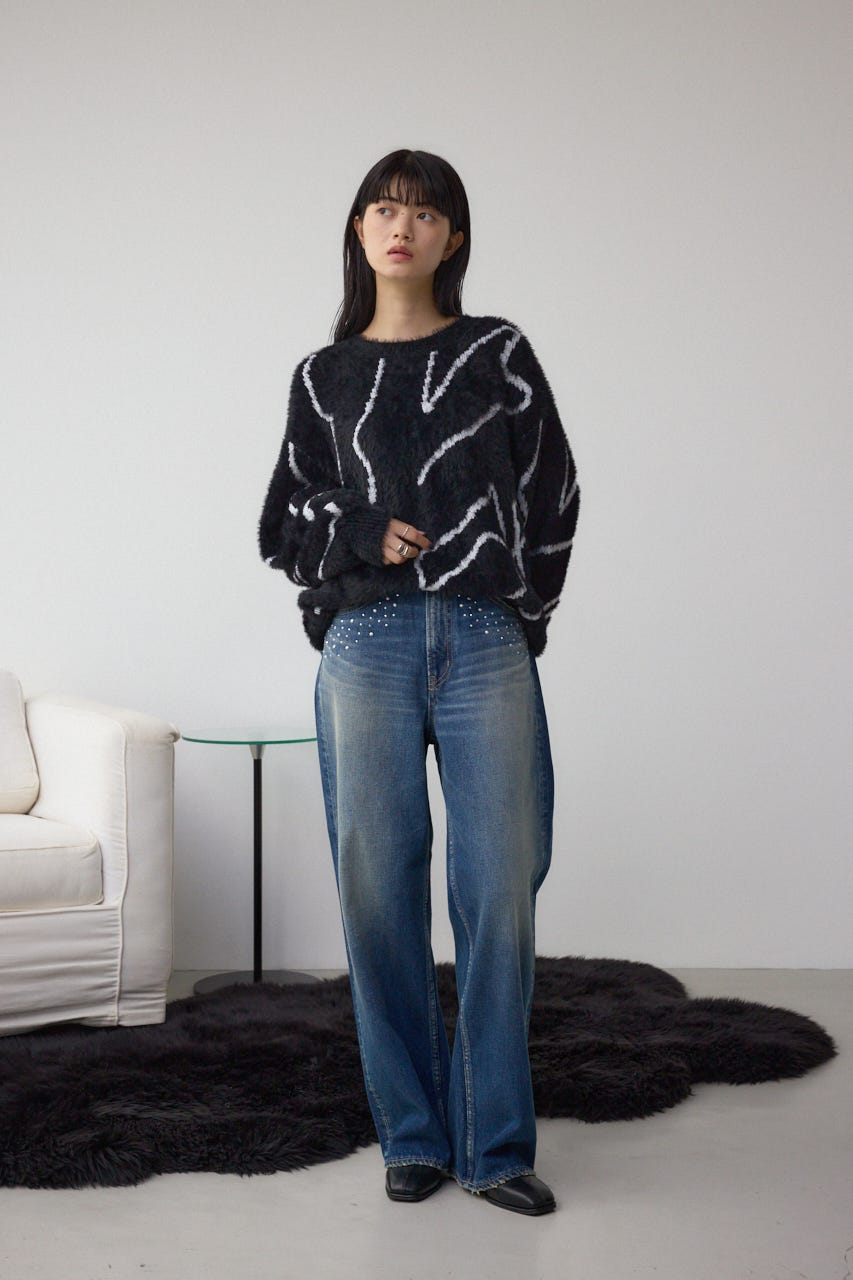 ニュアンス柄ニットトップス BLK FREE