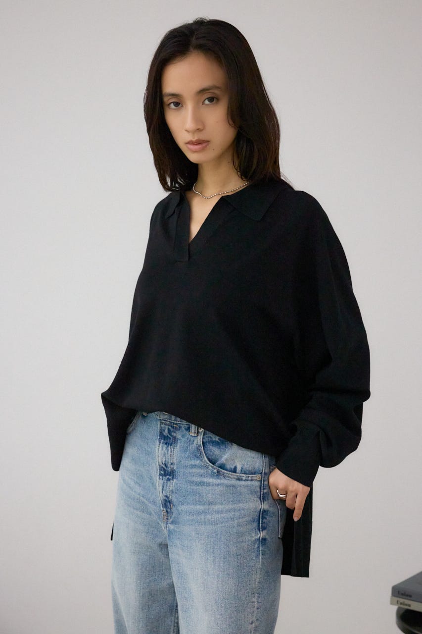 ポロカラーフォルムニットプルオーバー BLK FREE