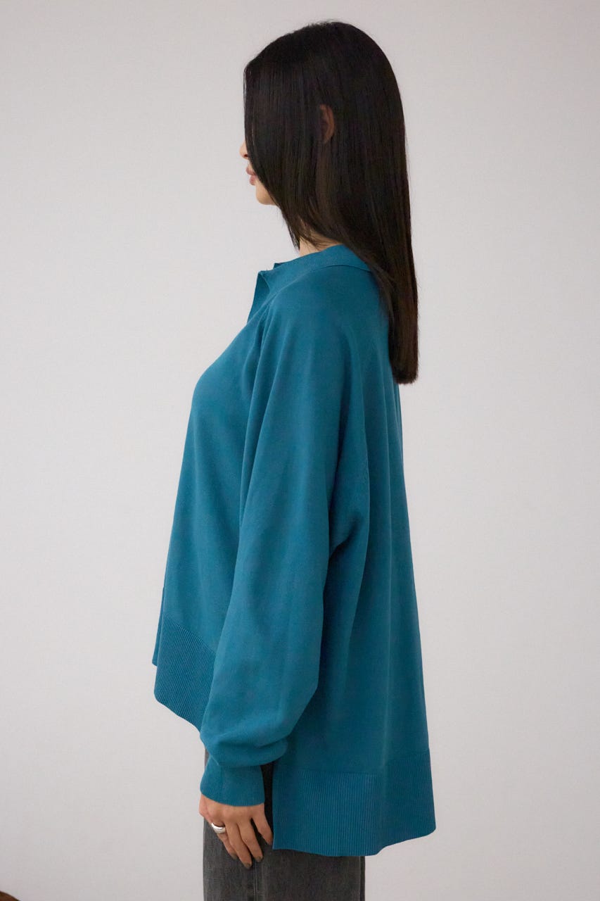 ポロカラーフォルムニットプルオーバー D/BLU FREE