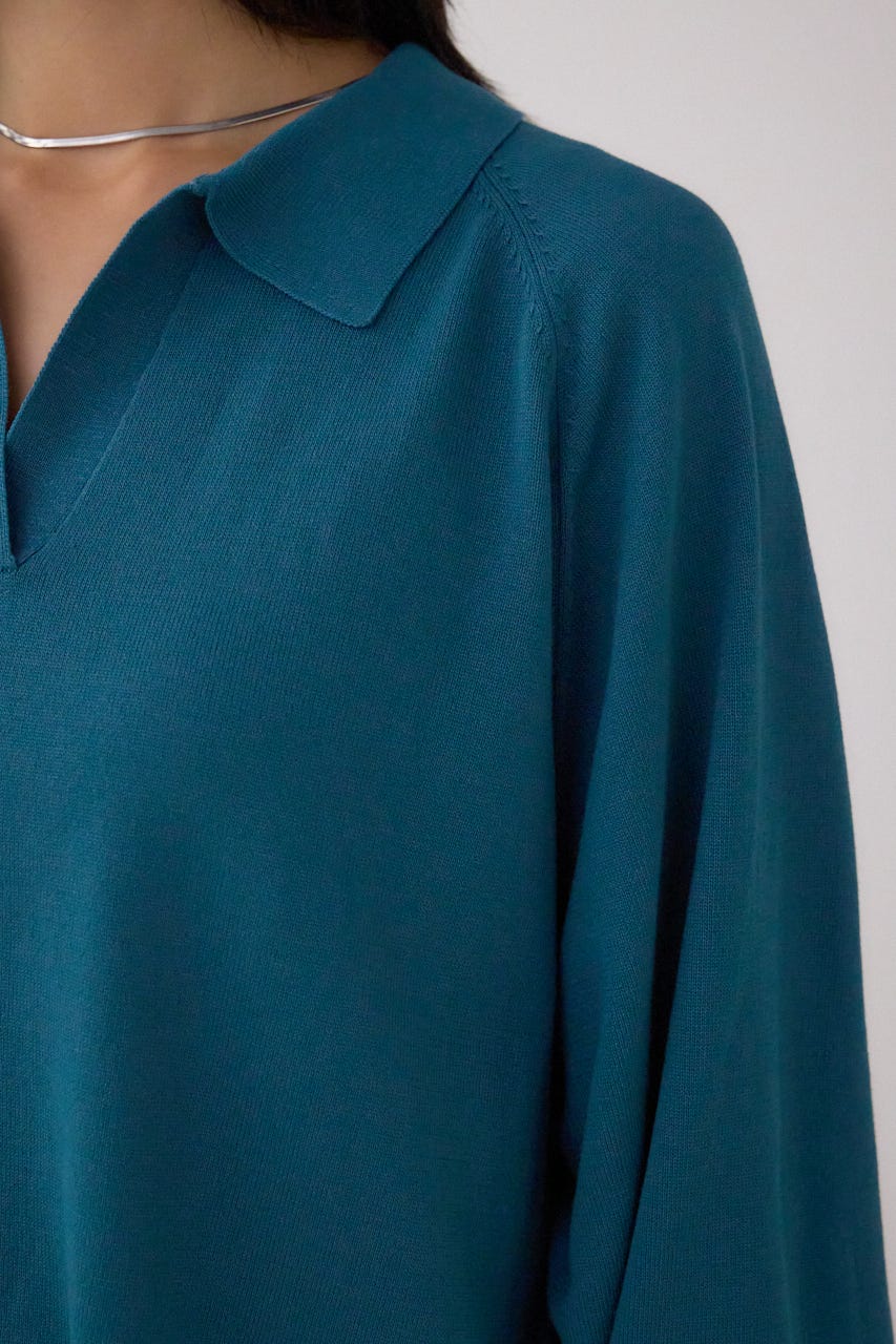 ポロカラーフォルムニットプルオーバー D/BLU FREE