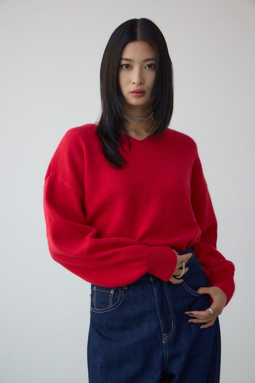 Vネックアソートカラーニットプルオーバー RED FREE