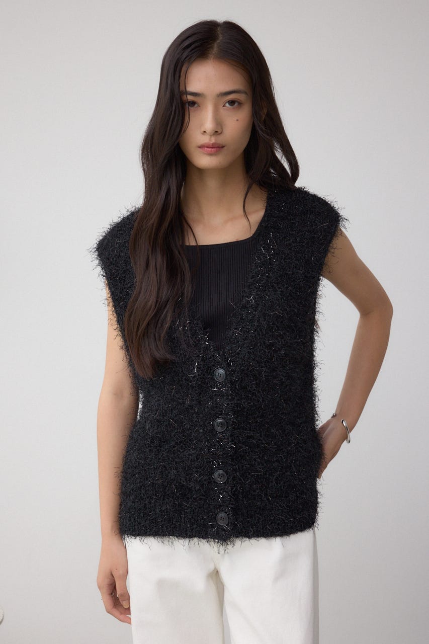 お値下げ✩.*˚sacai ニットフェザーベスト AZUL BY MOUSSY | ラメフェザーVネックニットベスト