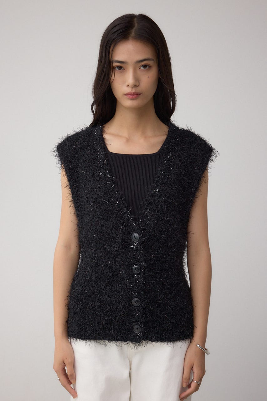 allureville黒ラメ入りニットベスト AZUL BY MOUSSY | ラメフェザーVネックニットベスト