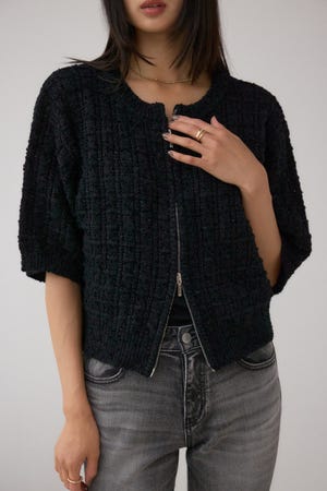 Wジップ5分袖ツイードニット