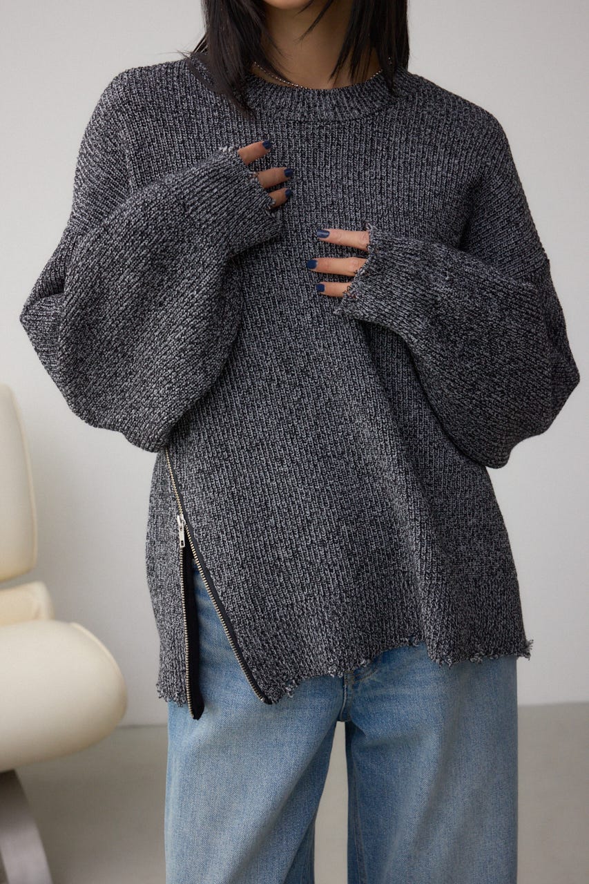 サイドZIPニットトップス 柄BLK FREE