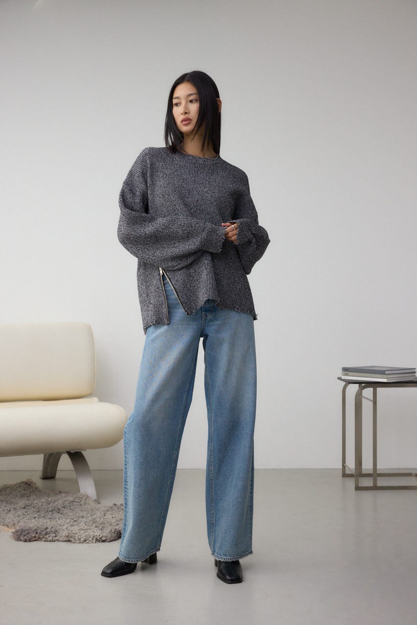 サイドZIPニットトップス 柄BLK FREE