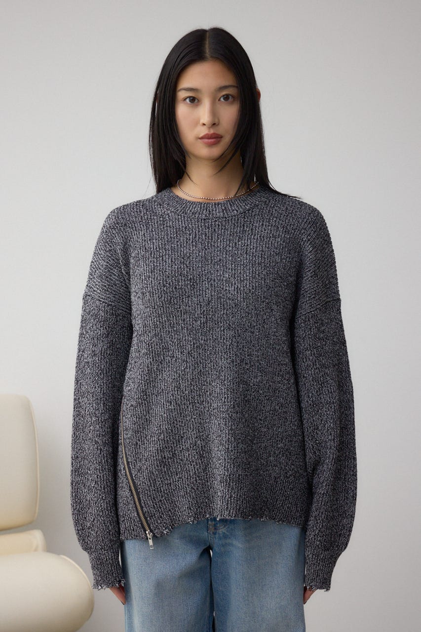 サイドZIPニットトップス 柄BLK FREE