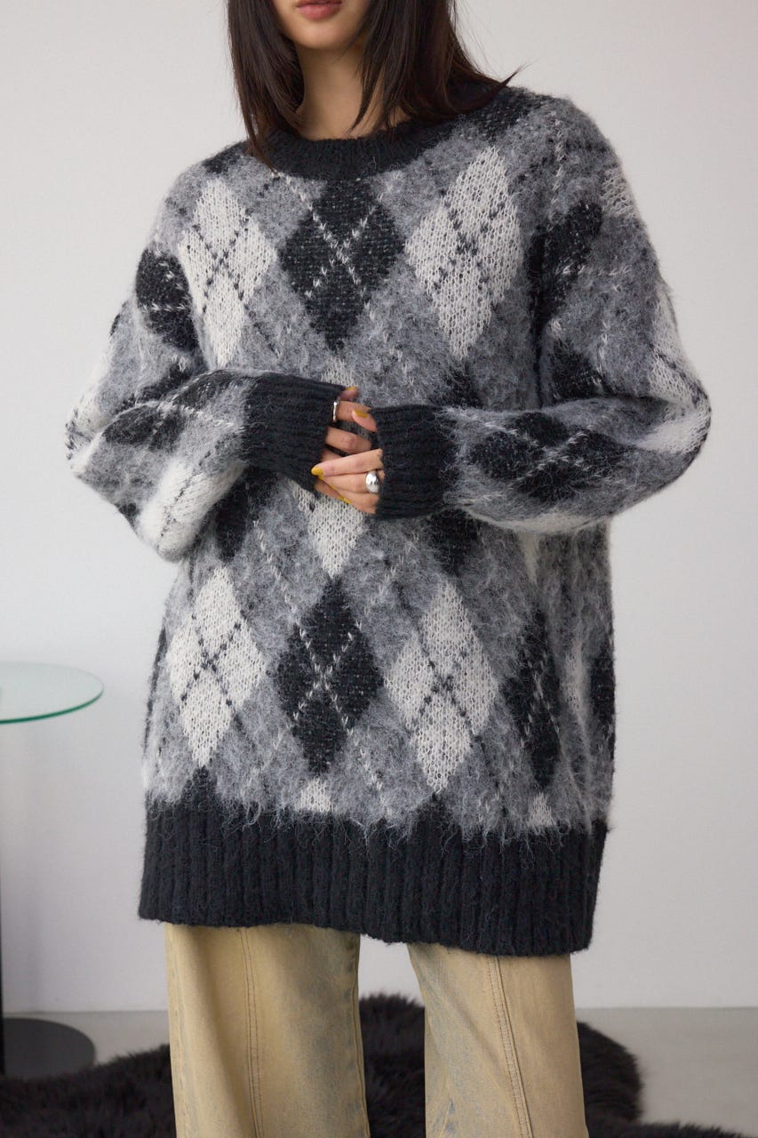 アーガイルシャギーニット 柄BLK M