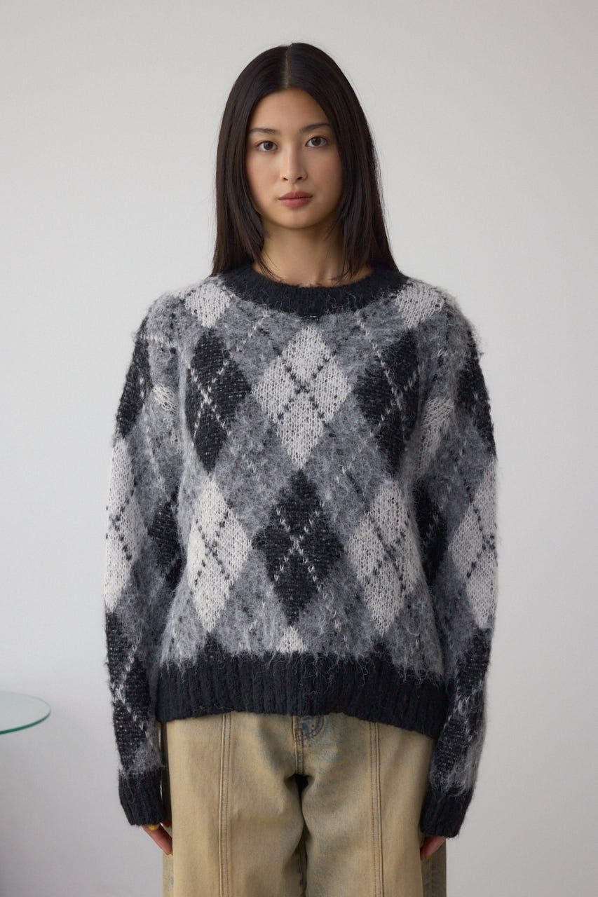 アーガイルシャギーニット 柄BLK M