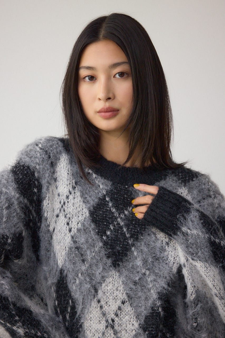 アーガイルシャギーニット 柄BLK M