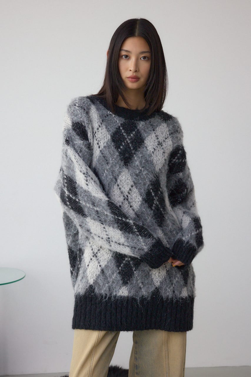 アーガイルシャギーニット 柄BLK M