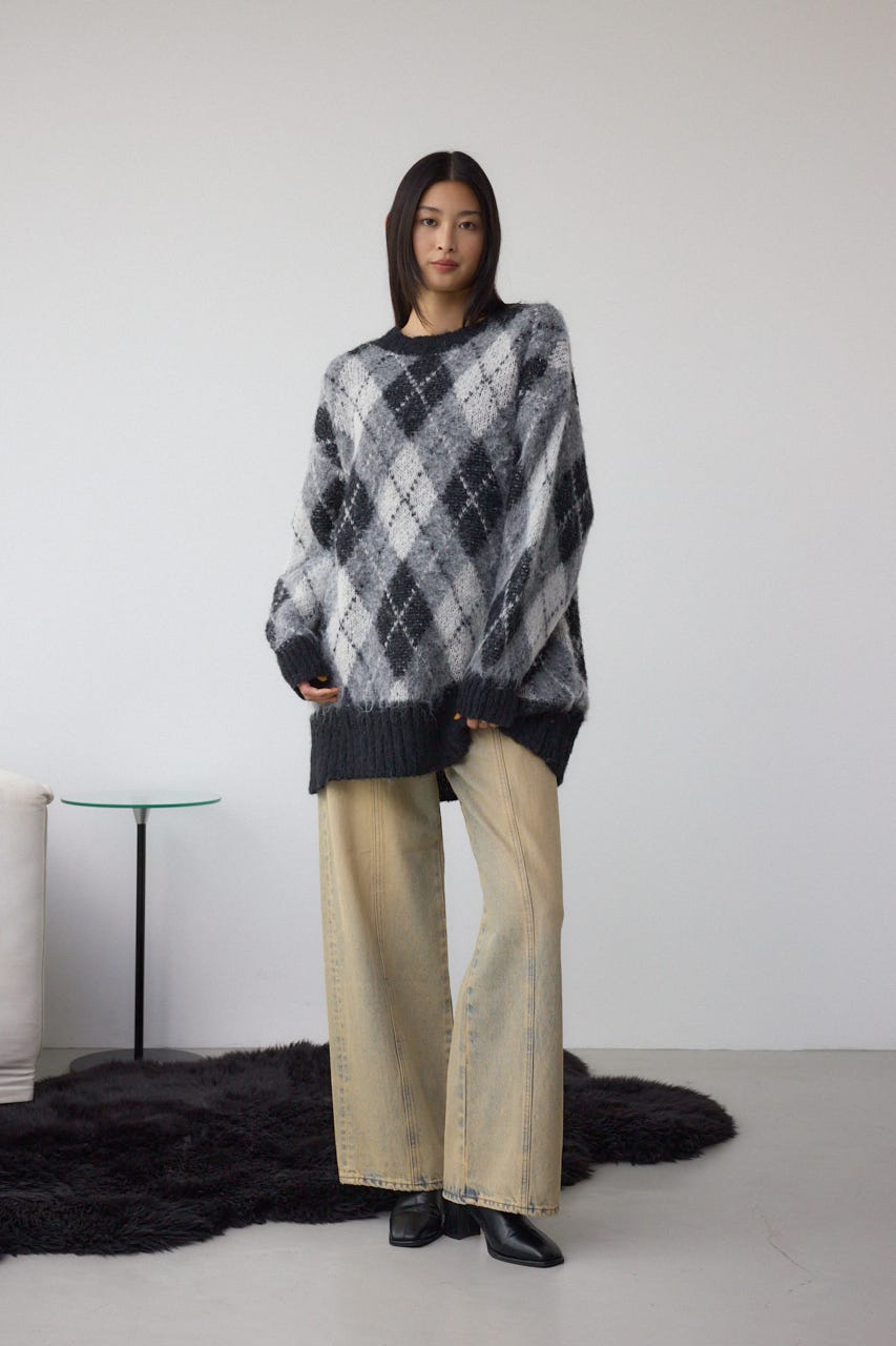 アーガイルシャギーニット 柄BLK M