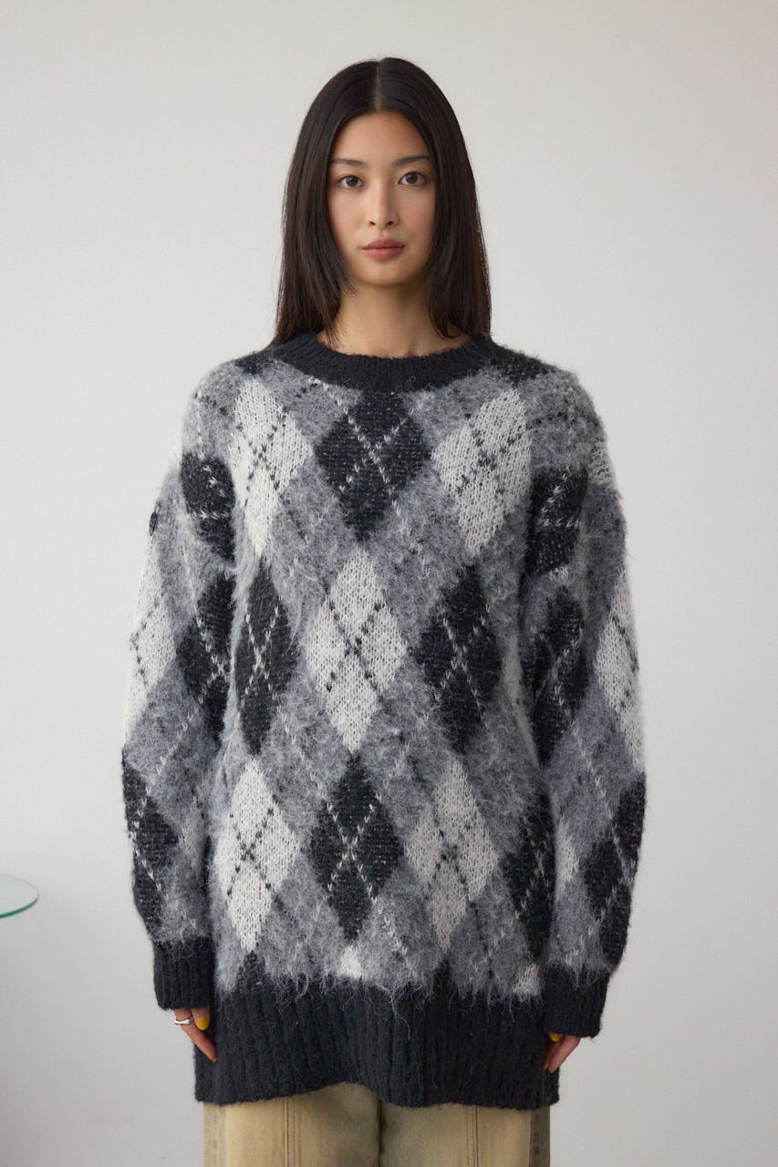 アーガイルシャギーニット 柄BLK M