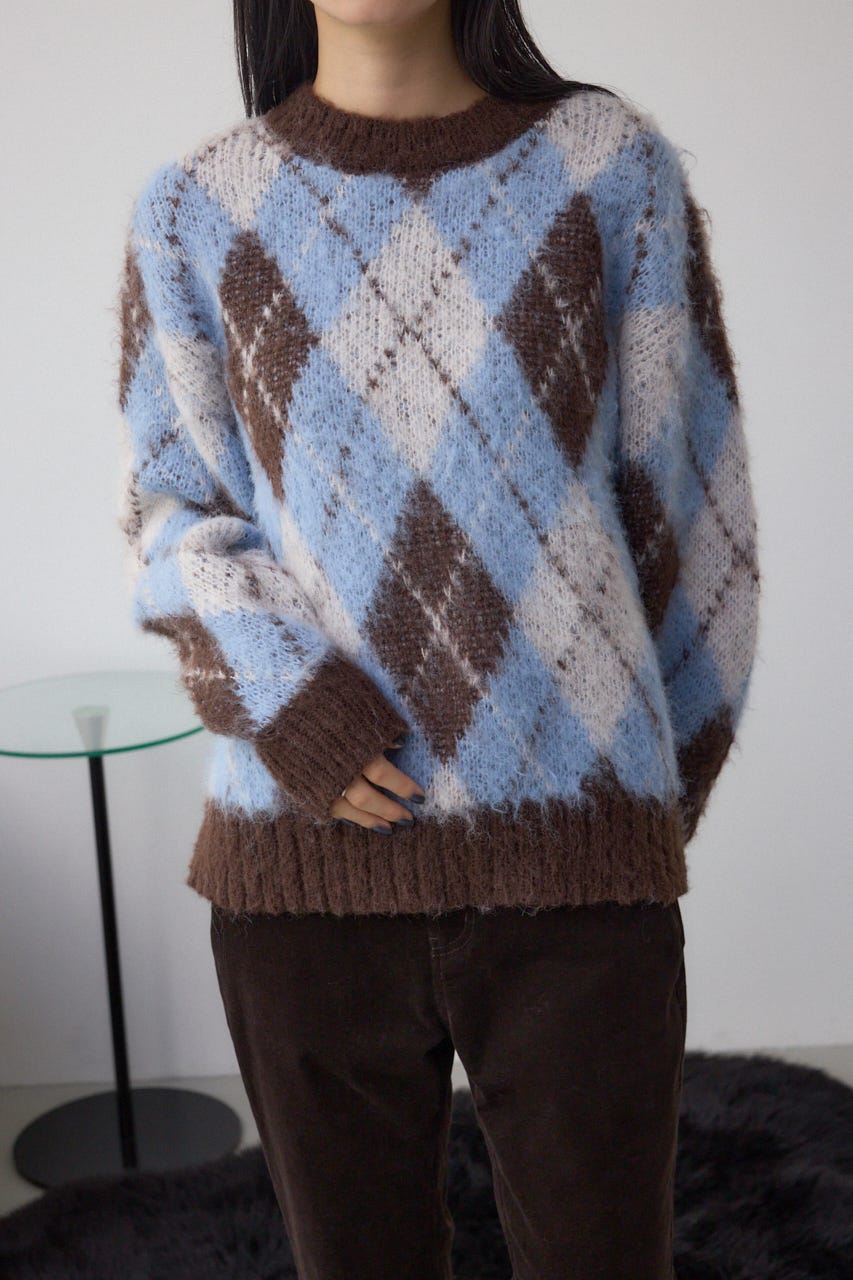 アーガイルシャギーニット 柄BRN S