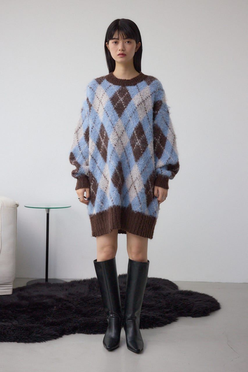 アーガイルシャギーニット 柄BRN S