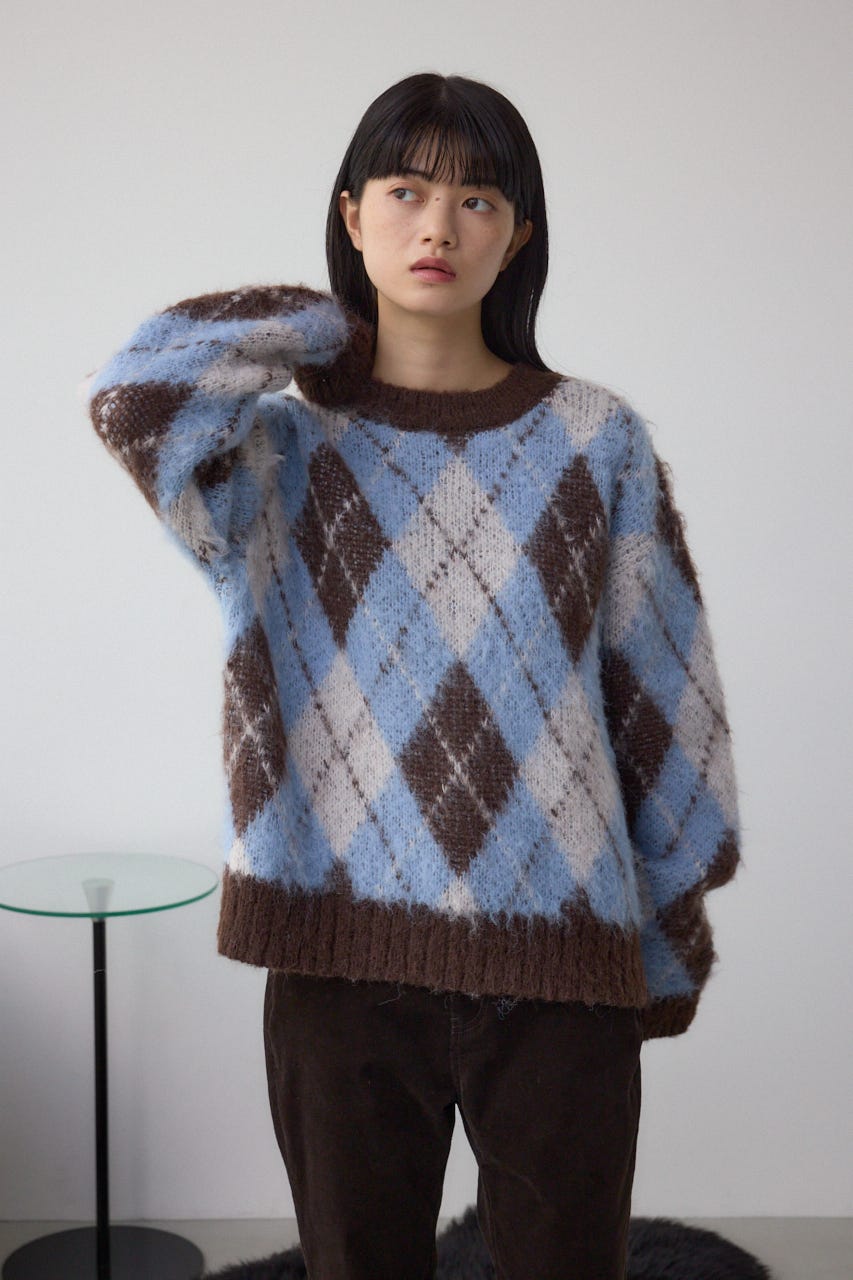 アーガイルシャギーニット 柄BRN S