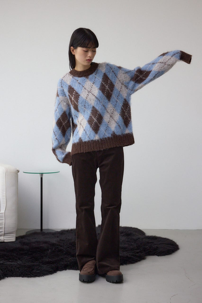 アーガイルシャギーニット 柄BRN S