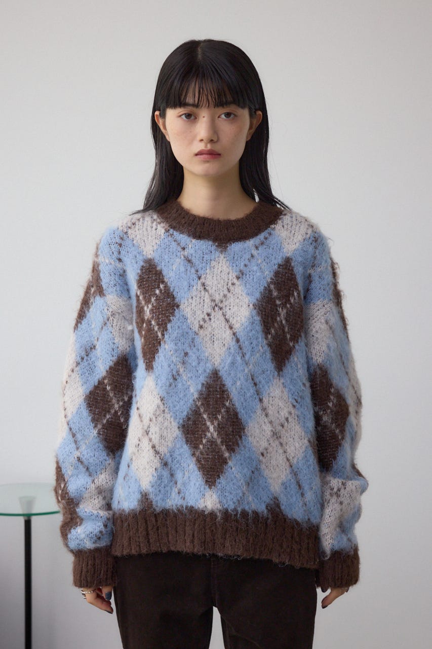 アーガイルシャギーニット 柄BRN S