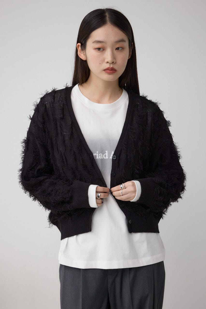 ランダムフリンジニットカーディガン BLK FREE