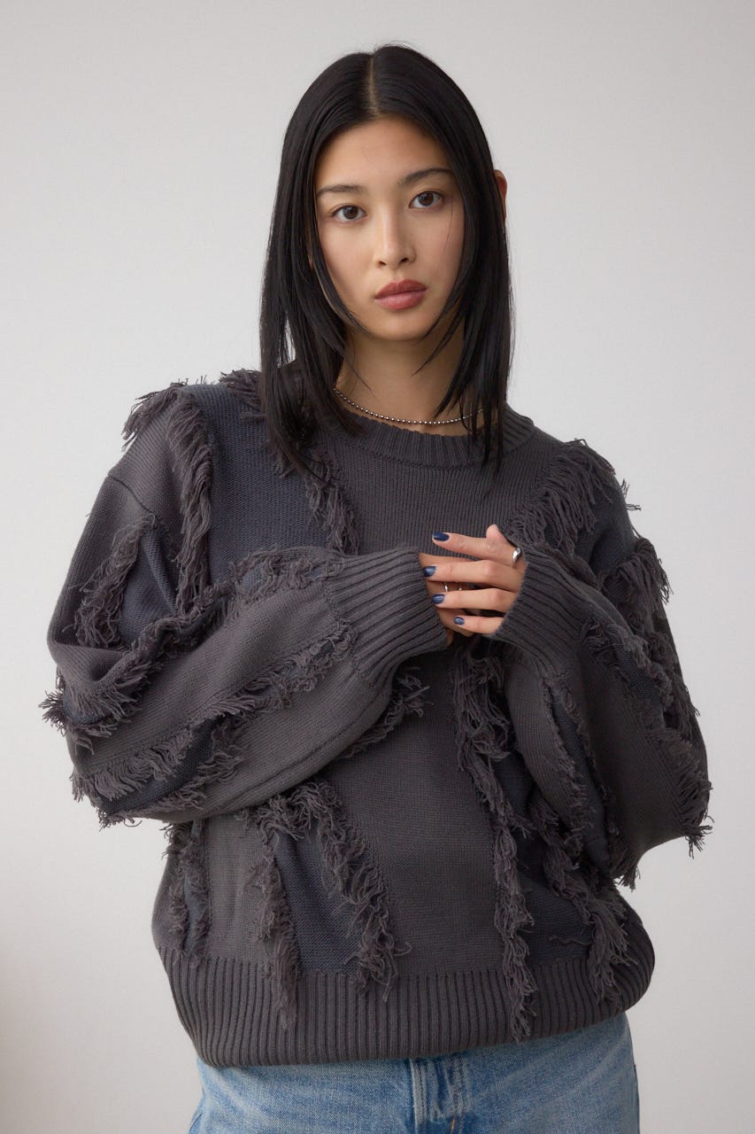 フリンジデザインニットトップス C.GRY FREE