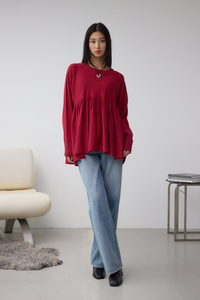 ペプラムデザインニットトップス RED FREE