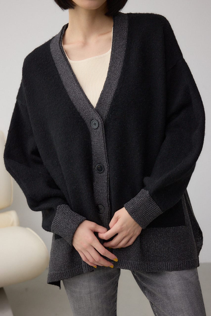 ラメバイカラーニットカーディガン BLK FREE