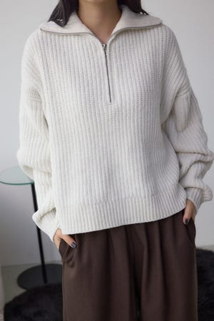 ラメベロアハーフZIPニットトップス